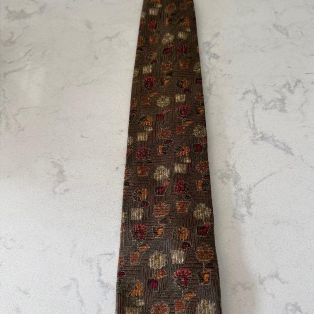 Ermenegildo Zegna Men's Silk Tie - Floral / Flower Pot Print - Brown & Green